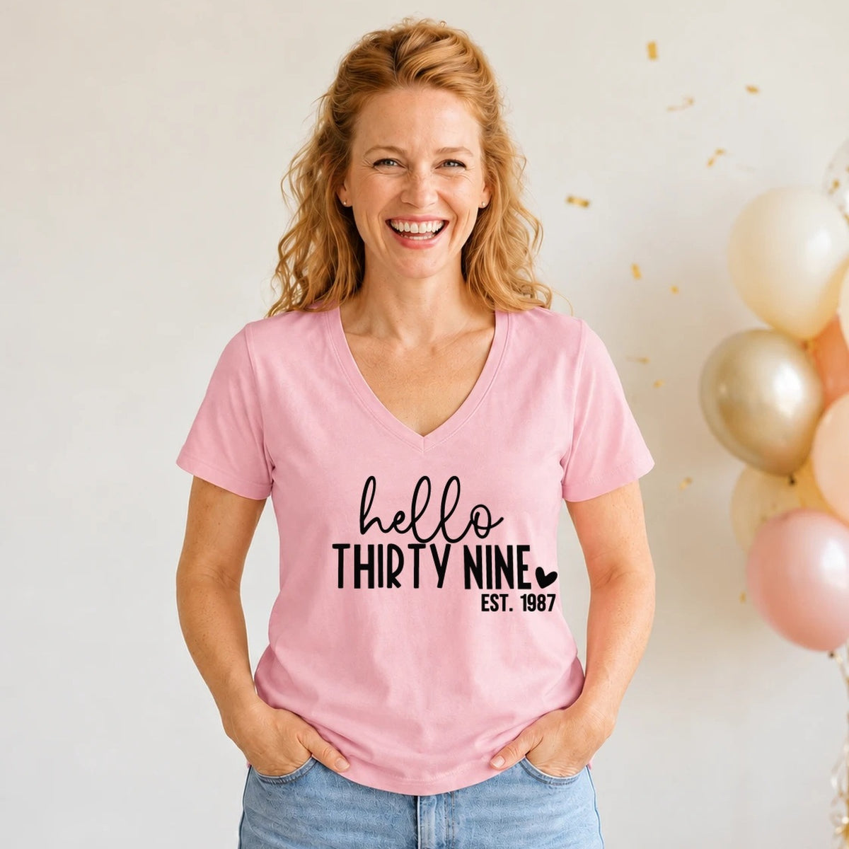 Hello Thirty-Nine 39th Birthday T-Shirt for Women - Est. 1987 - Blush Pink V-Neck