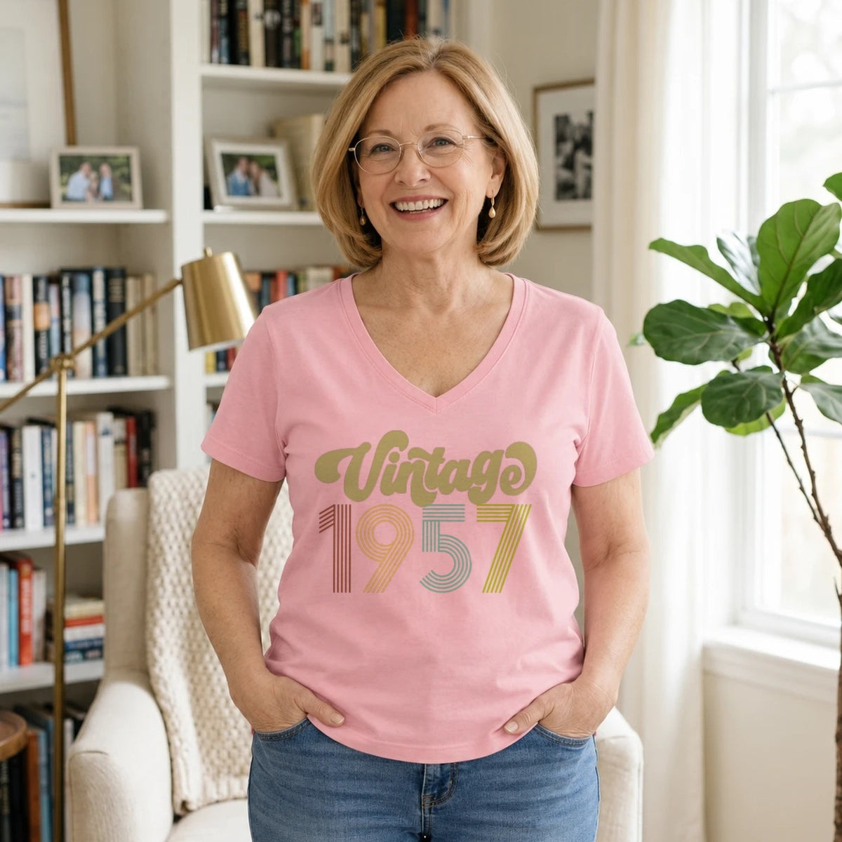 Vintage 1957 - Retro 69th Birthday T-Shirt for Women - Blush Pink V-Neck