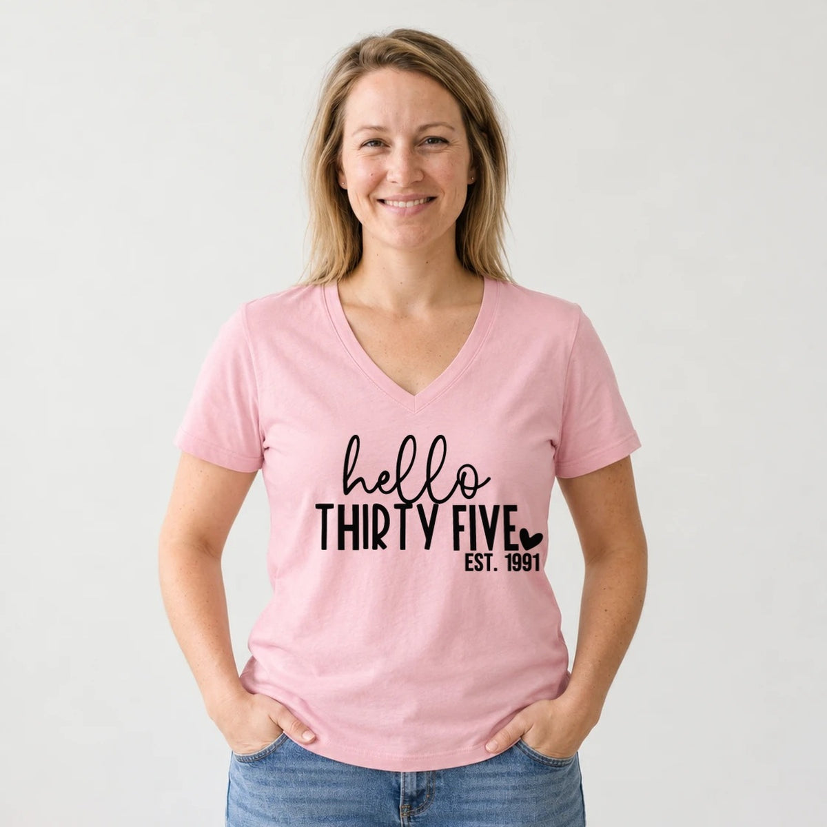 Hello Thirty-Five 35th Birthday T-Shirt for Women - Est. 1991 - Blush Pink V-Neck