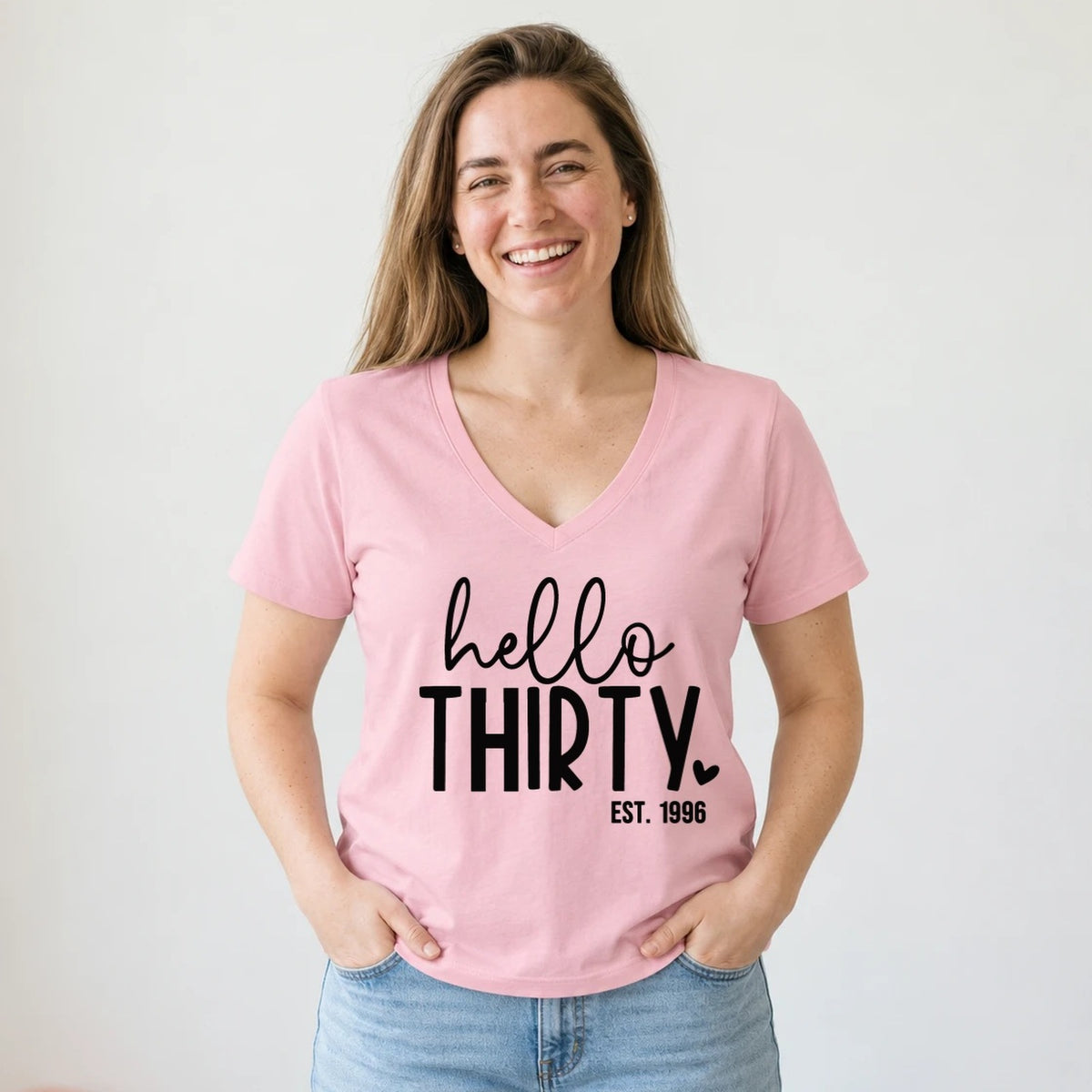 Hello Thirty 30th Birthday T-Shirt for Women - Est. 1996 - Blush Pink V-Neck