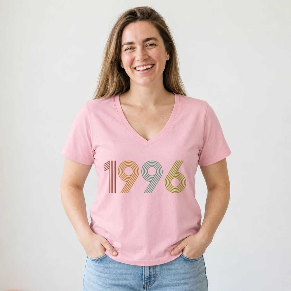 1996 Birth Year Shirt - Retro 30th Birthday T-Shirt for Women - Pink Round Neck