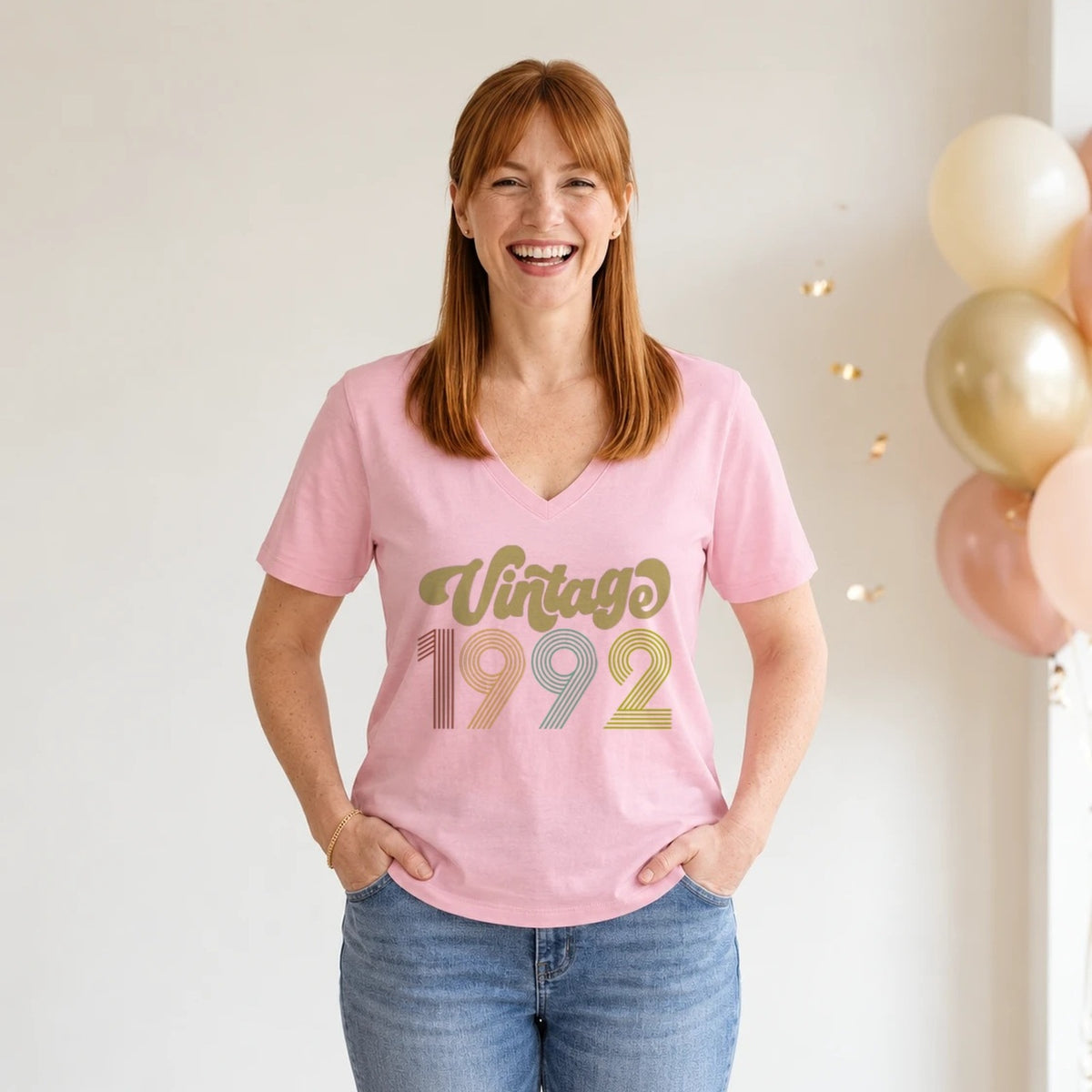 Vintage 1992 - Retro 34th Birthday T-Shirt for Women - Blush Pink V-Neck