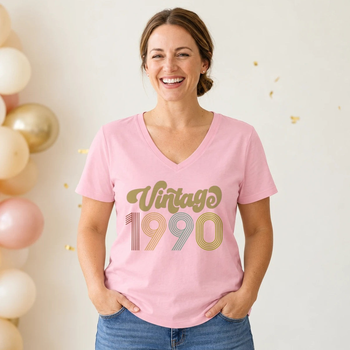 Vintage 1990 - Retro 36th Birthday T-Shirt for Women - Blush Pink V-Neck