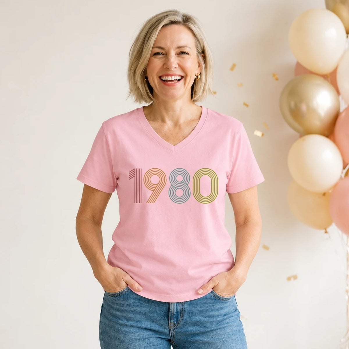 1980 Birth Year Shirt - Retro 46th Birthday T-Shirt for Women - Pink Round Neck