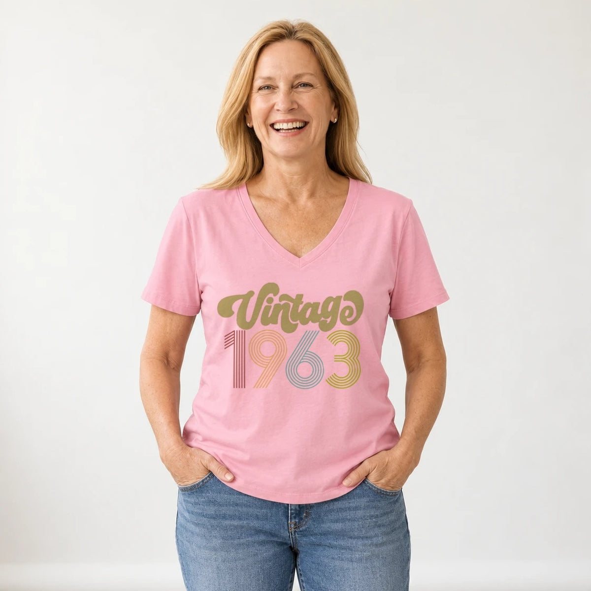Vintage 1963 - Retro 63rd Birthday T-Shirt for Women - Blush Pink V-Neck