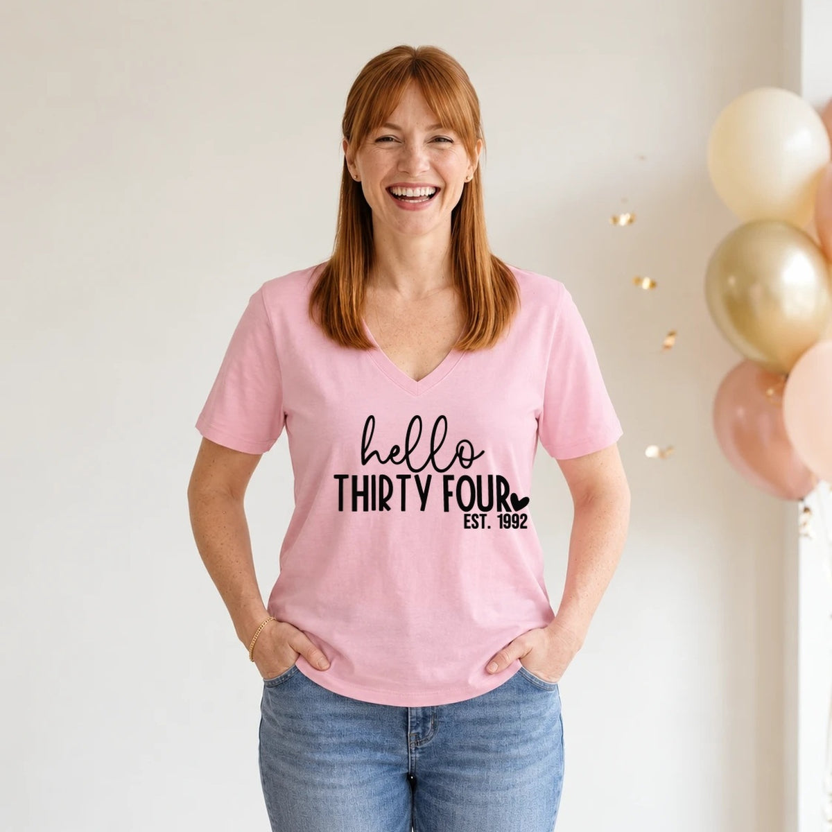 Hello Thirty-Four 34th Birthday T-Shirt for Women - Est. 1992 - Blush Pink V-Neck