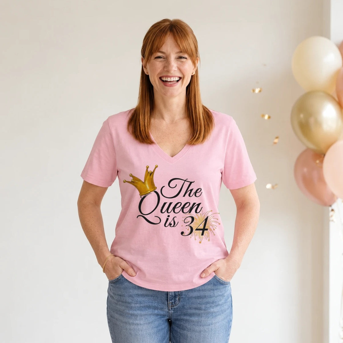 The Queen Is 34 - 34th Birthday Queen T-Shirt for Women - Blush Pink V-Neck