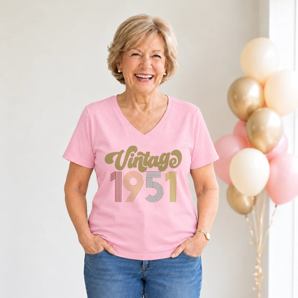 Vintage 1951 - Retro 75th Birthday T-Shirt for Women - Blush Pink V-Neck