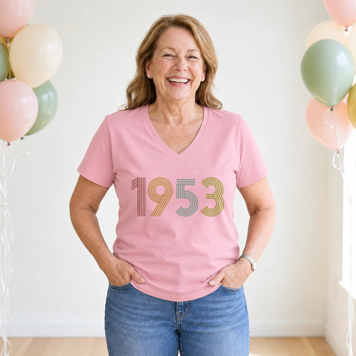 1953 Birth Year Shirt - Retro 73rd Birthday T-Shirt for Women - Blush Pink V-Neck