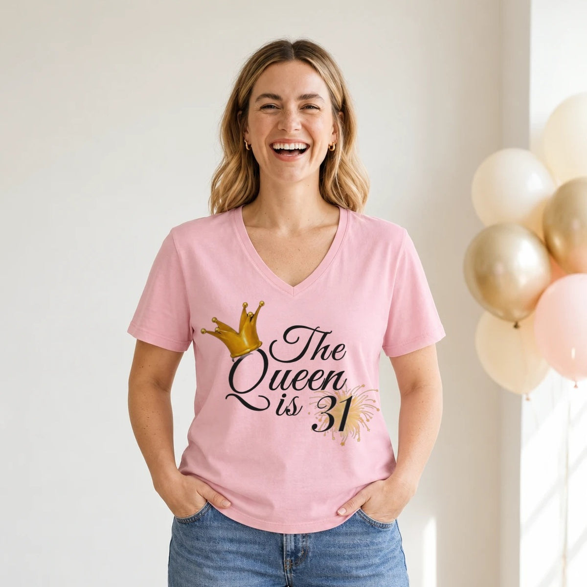 The Queen Is 31 - 31st Birthday Queen T-Shirt for Women - Blush Pink V-Neck