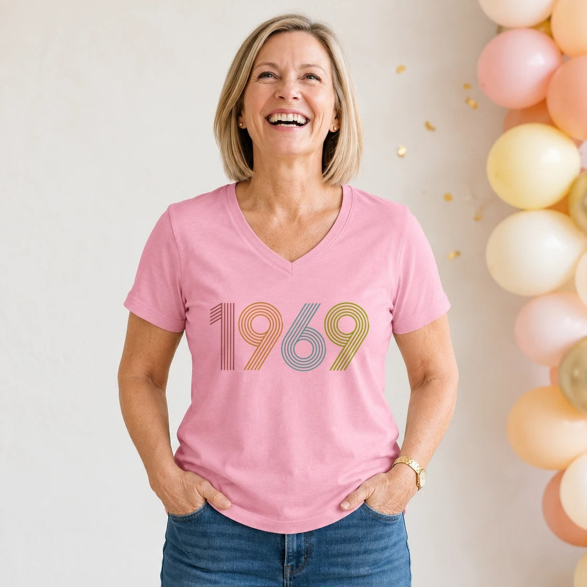 1969 Birth Year Shirt - Retro 57th Birthday T-Shirt for Women - Blush Pink V-Neck