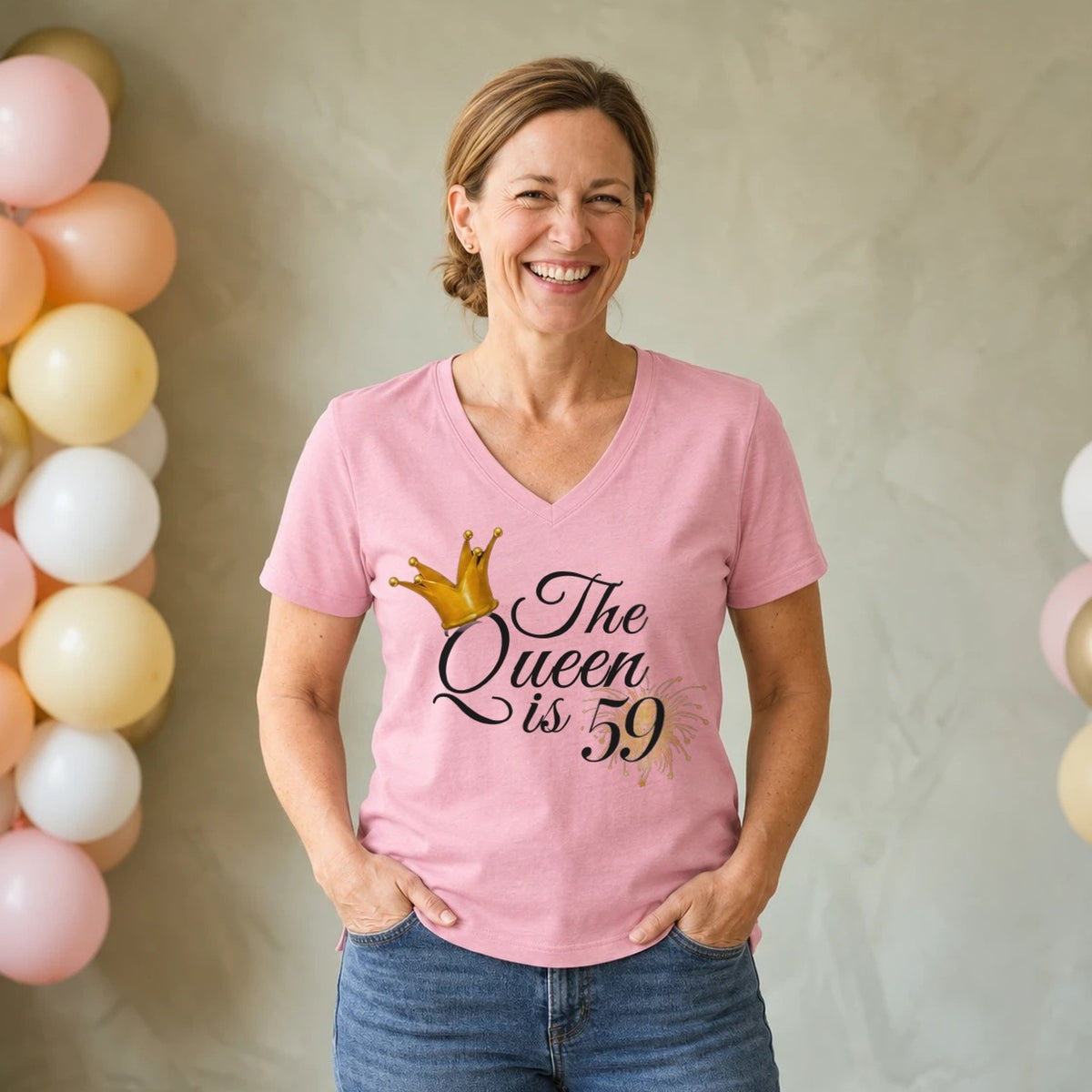 The Queen Is 59 - 59th Birthday Queen T-Shirt for Women - Blush Pink V-Neck