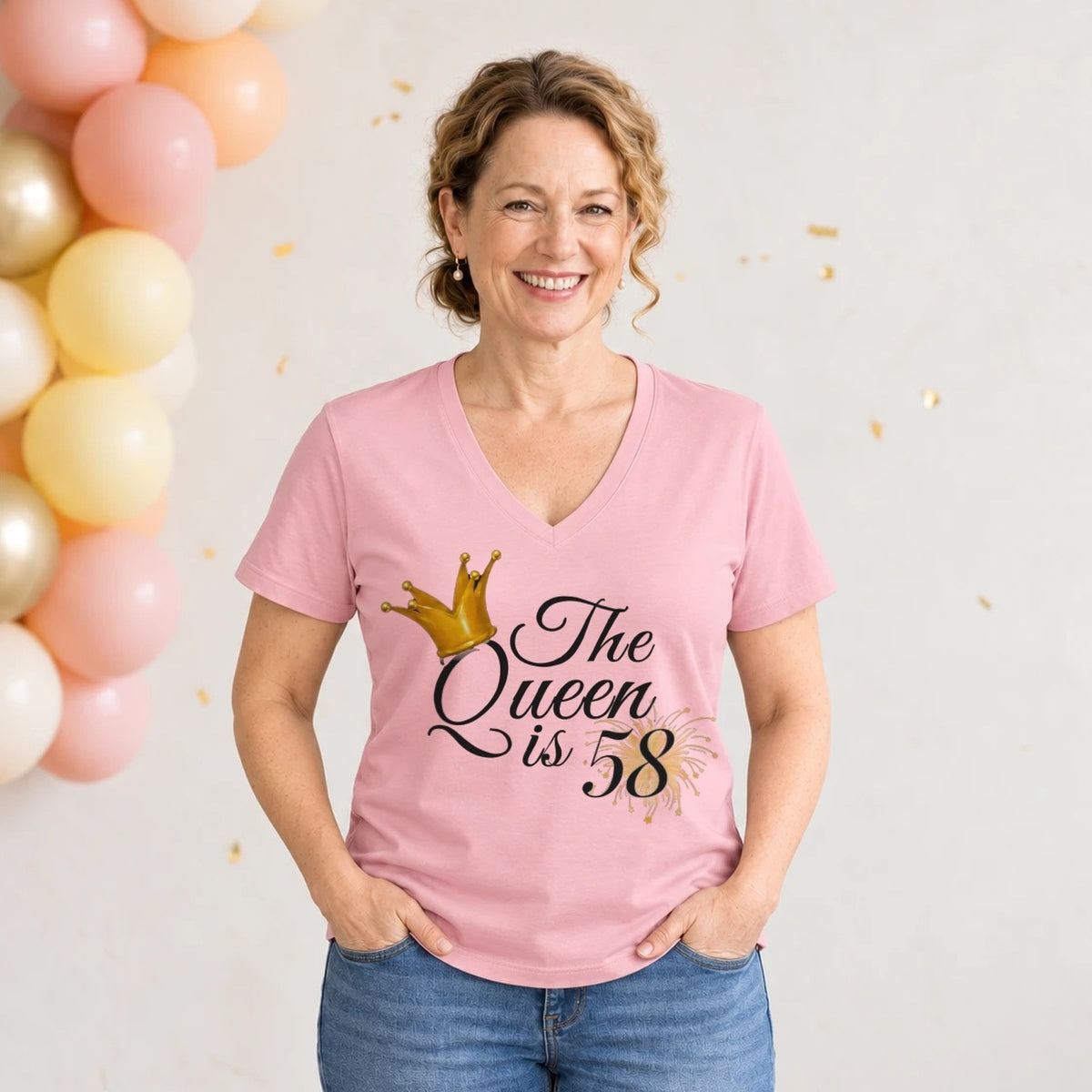 The Queen Is 58 - 58th Birthday Queen T-Shirt for Women - Blush Pink V-Neck