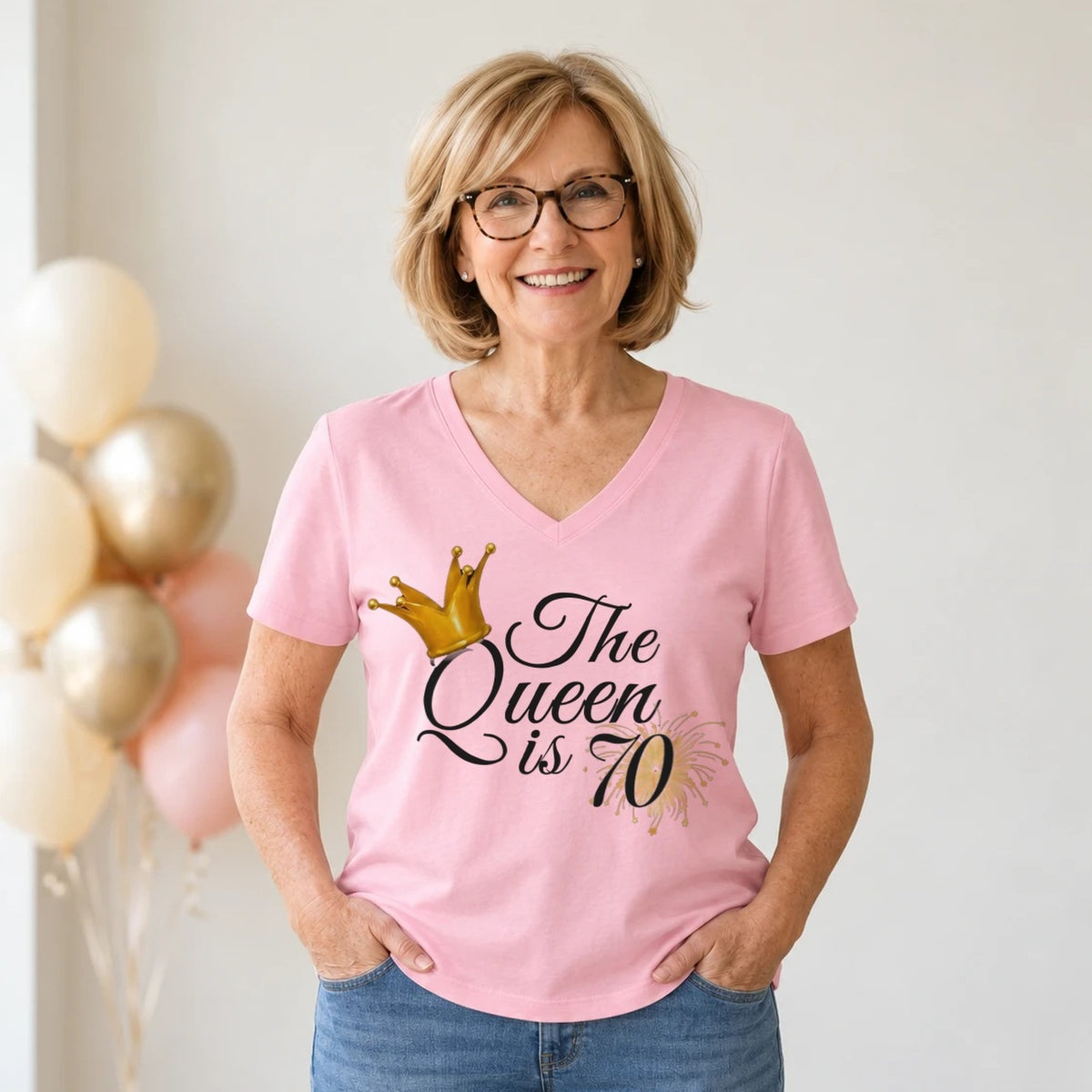 The Queen Is 70 - 70th Birthday Queen T-Shirt for Women - Blush Pink V-Neck