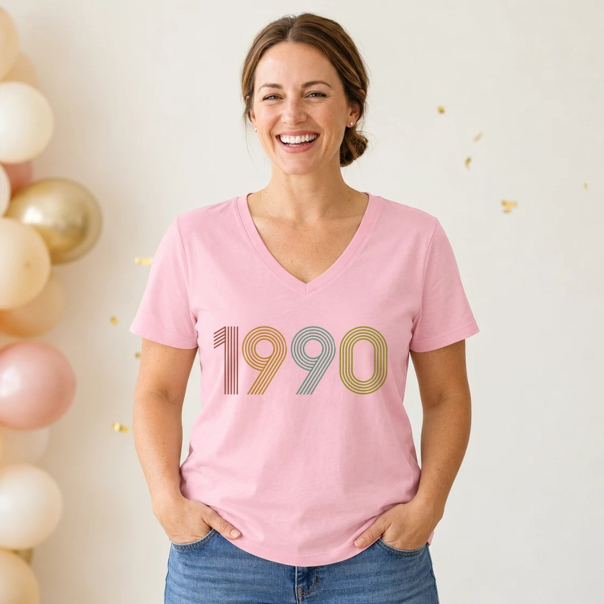 1990 Birth Year Shirt - Retro 36th Birthday T-Shirt for Women - Pink Round Neck