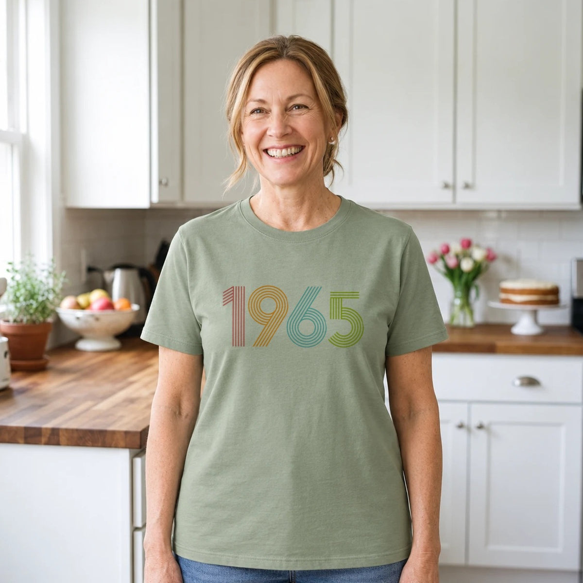 1965 Birth Year Shirt - Retro 61st Birthday T-Shirt for Women - Sage Green Round Neck
