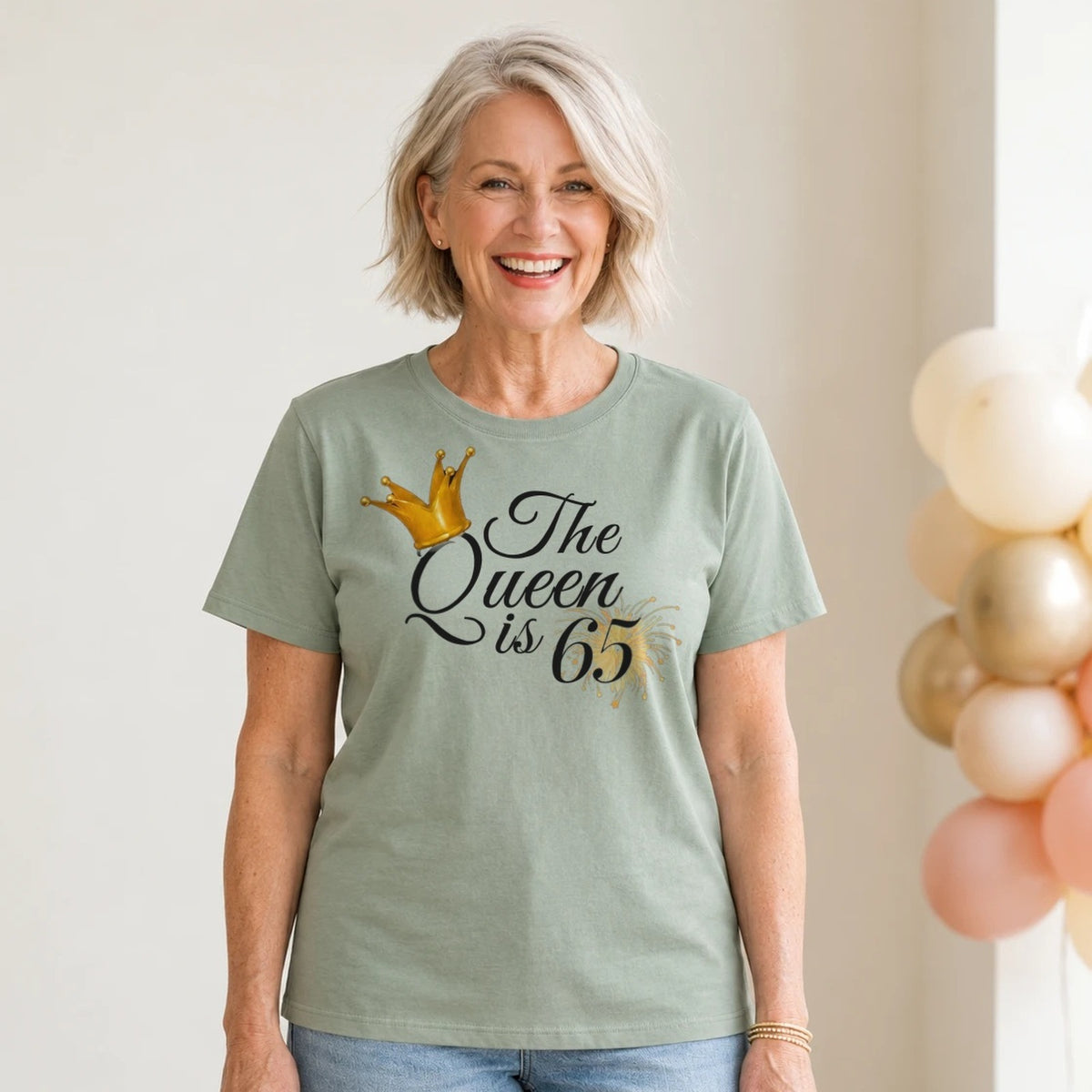 The Queen Is 65 - 65th Birthday Queen T-Shirt for Women - Sage Green Round Neck