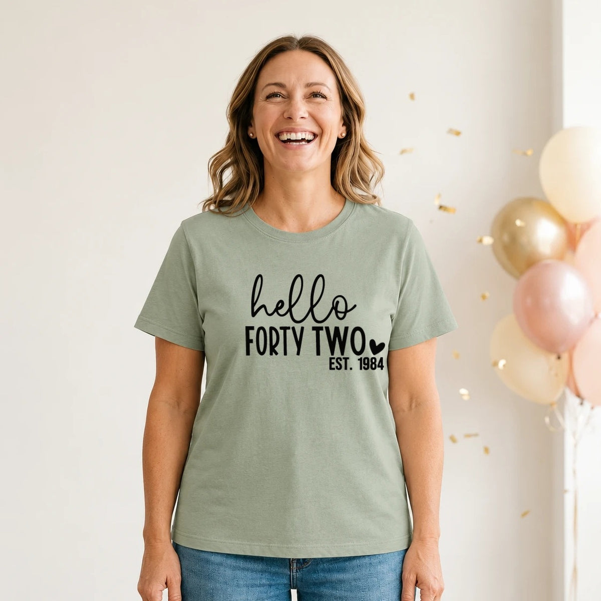 Hello Forty-Two 42nd Birthday T-Shirt for Women - Est. 1984 - Sage Green Round Neck