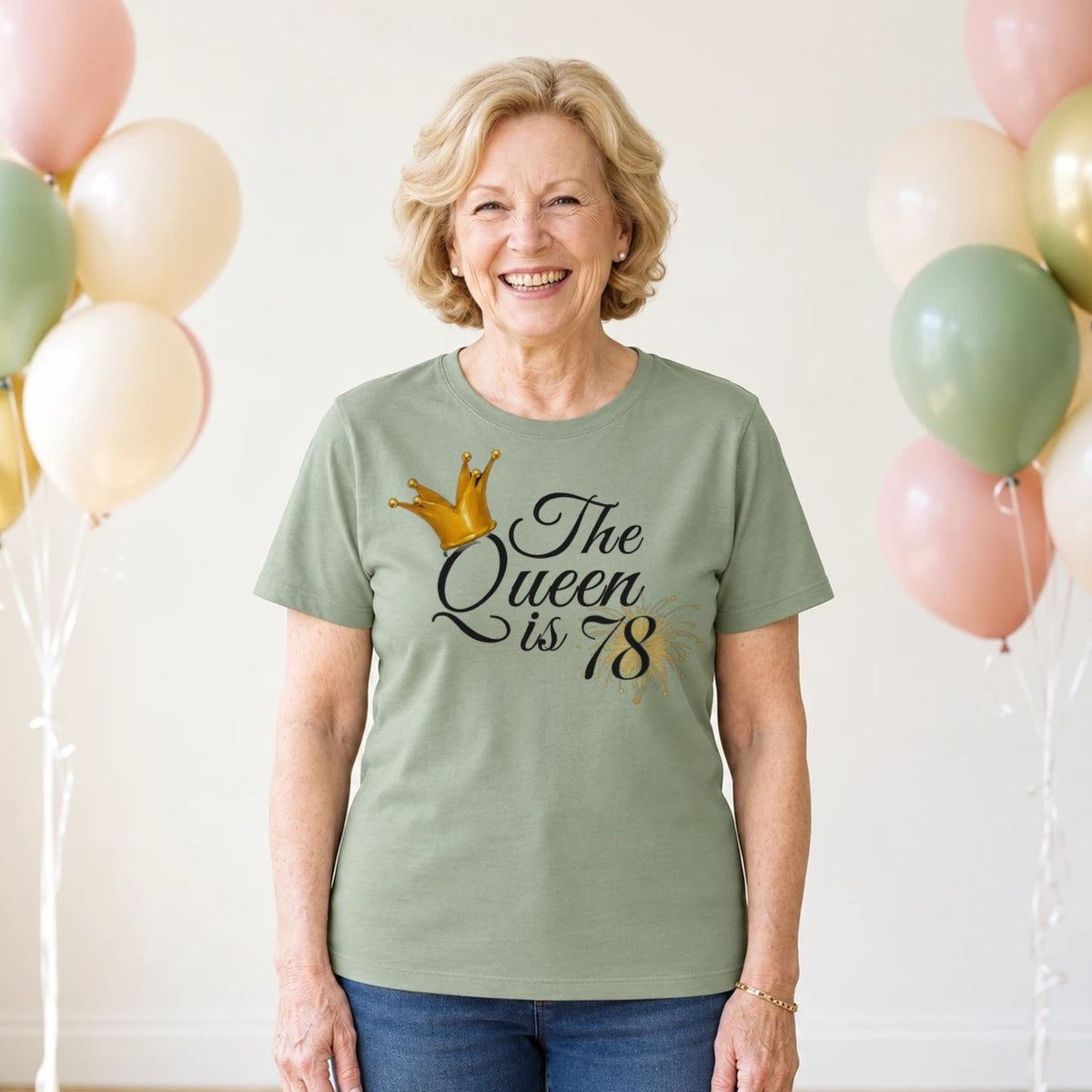 The Queen Is 78 - 78th Birthday Queen T-Shirt for Women - Sage Green Round Neck