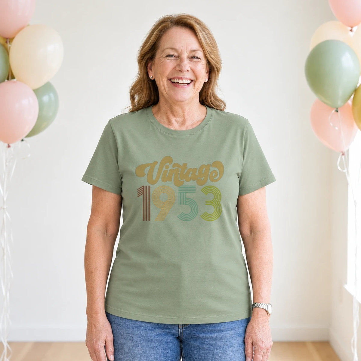 Vintage 1953 - Retro 73rd Birthday T-Shirt for Women - Sage Green Round Neck