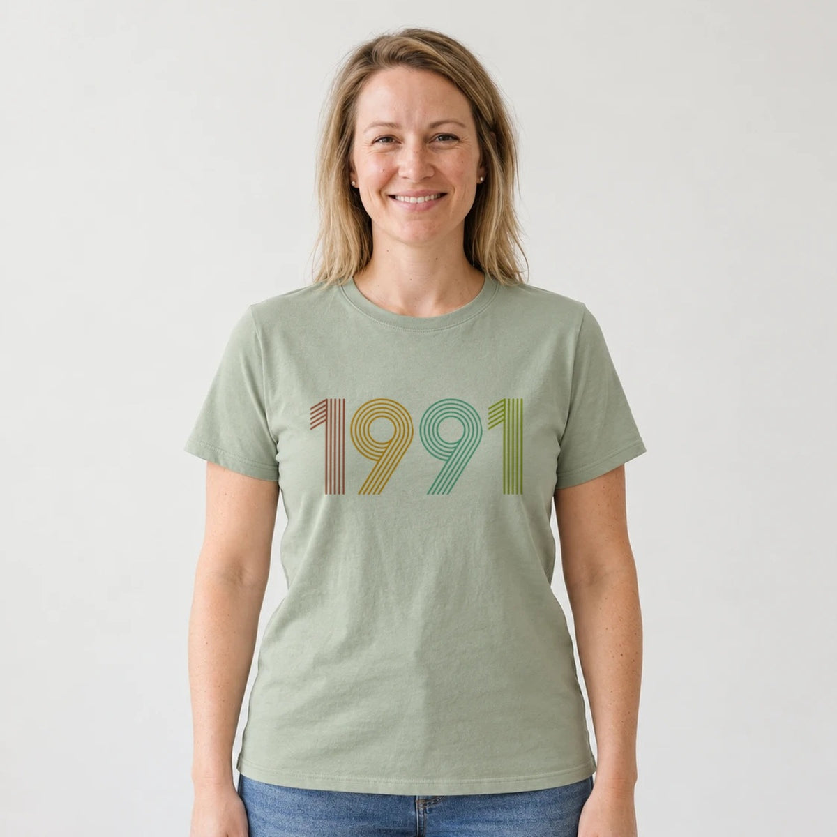 1991 Birth Year Shirt - Retro 35th Birthday T-Shirt for Women - Sage Green V-Neck