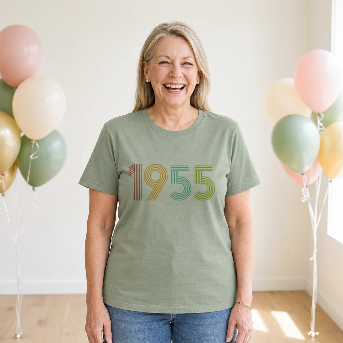 1955 Birth Year Shirt - Retro 71st Birthday T-Shirt for Women - Sage Green Round Neck