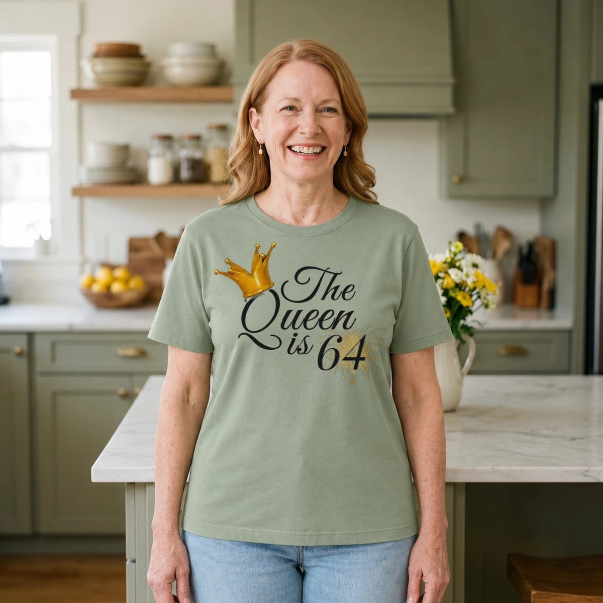 The Queen Is 64 - 64th Birthday Queen T-Shirt for Women - Sage Green Round Neck