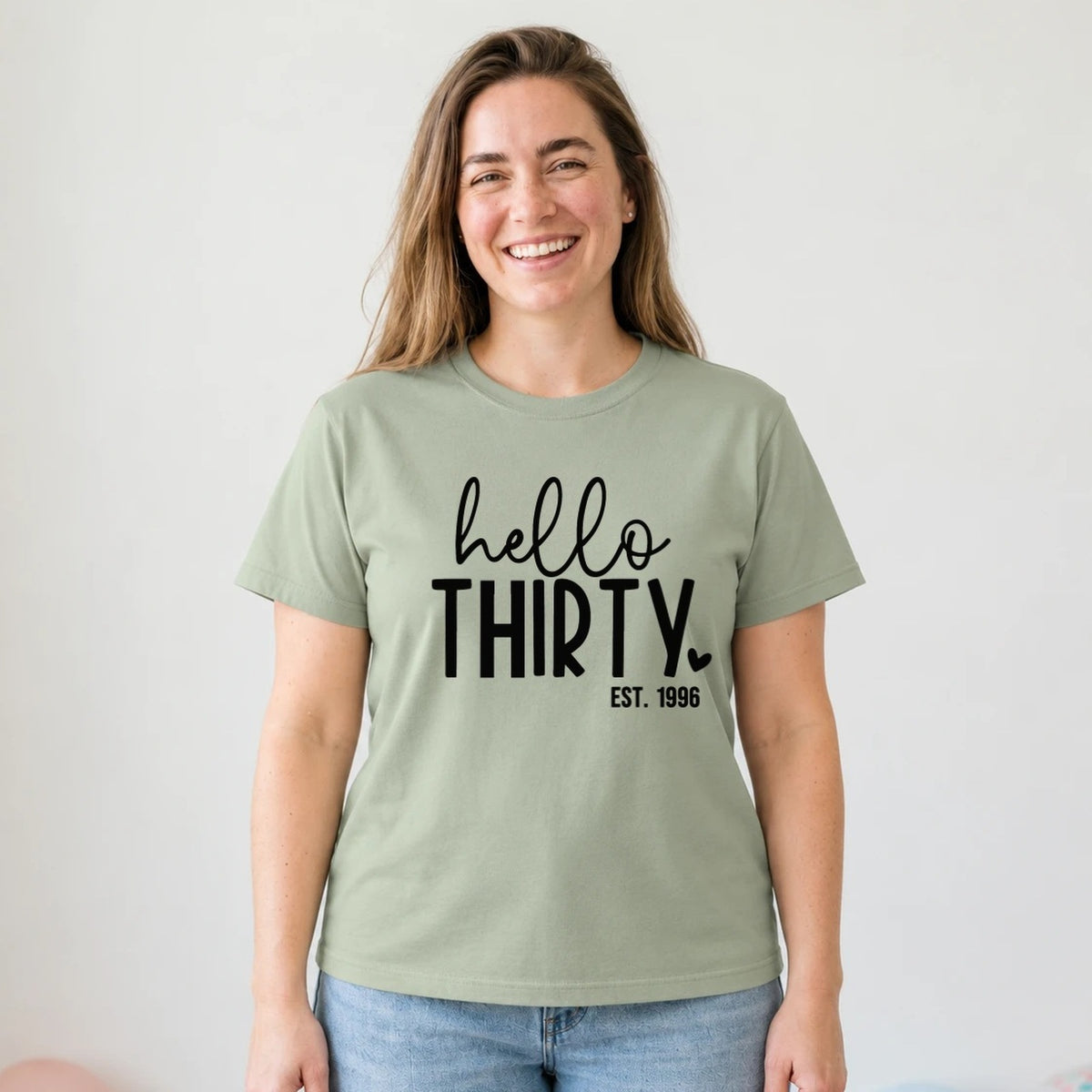 Hello Thirty 30th Birthday T-Shirt for Women - Est. 1996 - Sage Green Round Neck