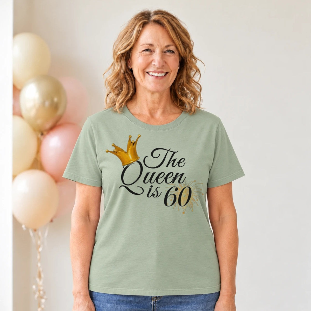 The Queen Is 60 - 60th Birthday Queen T-Shirt for Women - Sage Green Round Neck