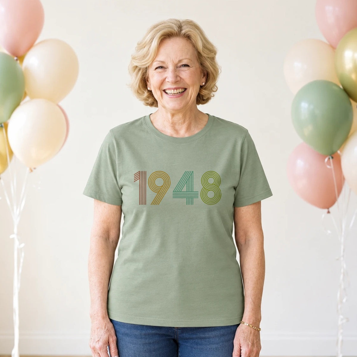 1948 Birth Year Shirt - Retro 78th Birthday T-Shirt for Women - Sage Green Round Neck