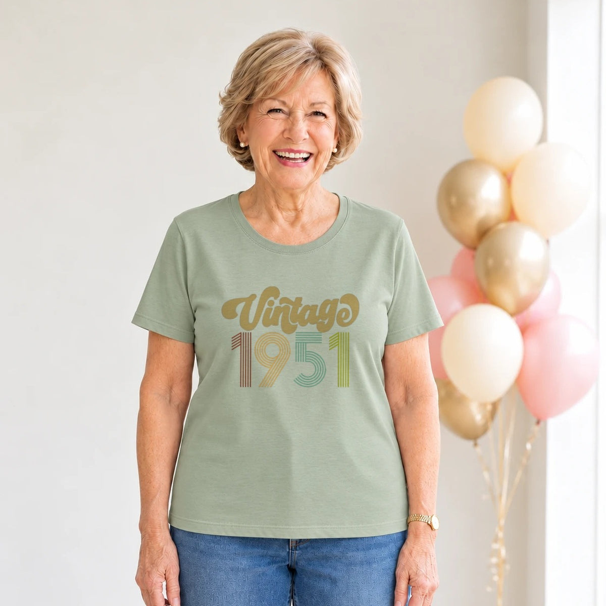 Vintage 1951 - Retro 75th Birthday T-Shirt for Women - Sage Green Round Neck