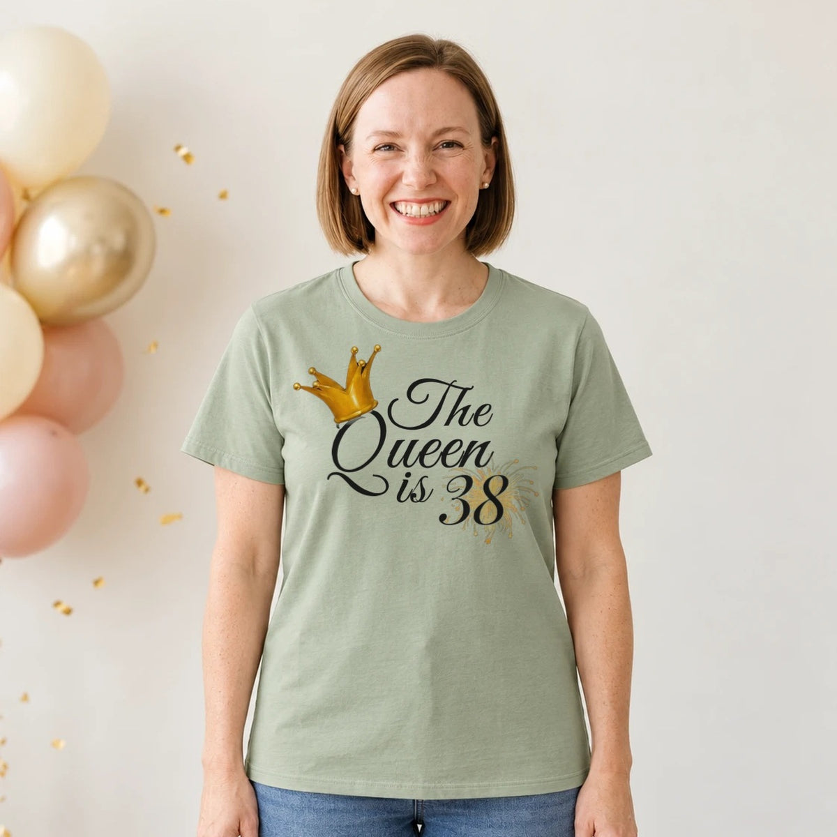 The Queen Is 38 - 38th Birthday Queen T-Shirt for Women - Sage Green Round Neck