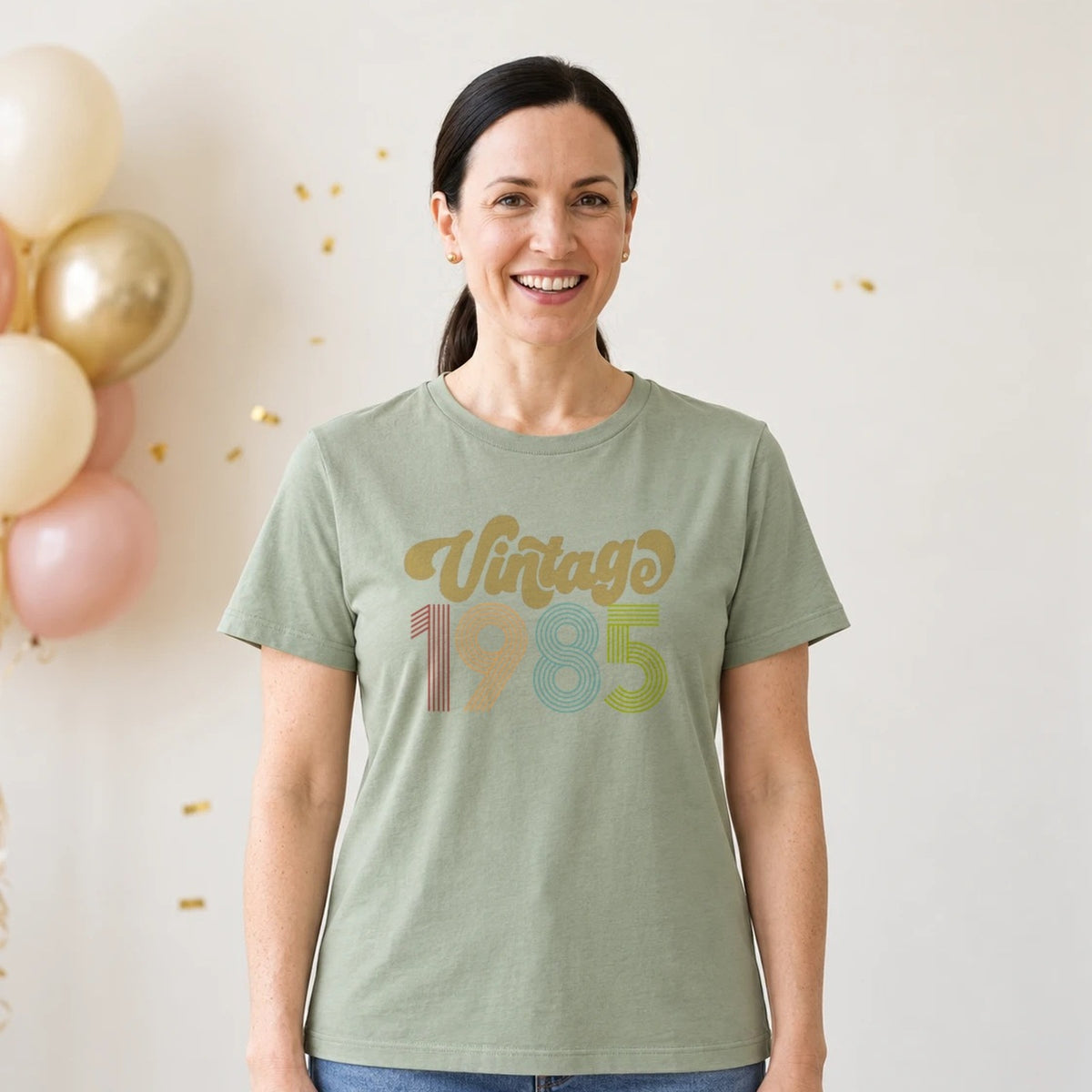 Vintage 1985 - Retro 41st Birthday T-Shirt for Women - Sage Green Round Neck