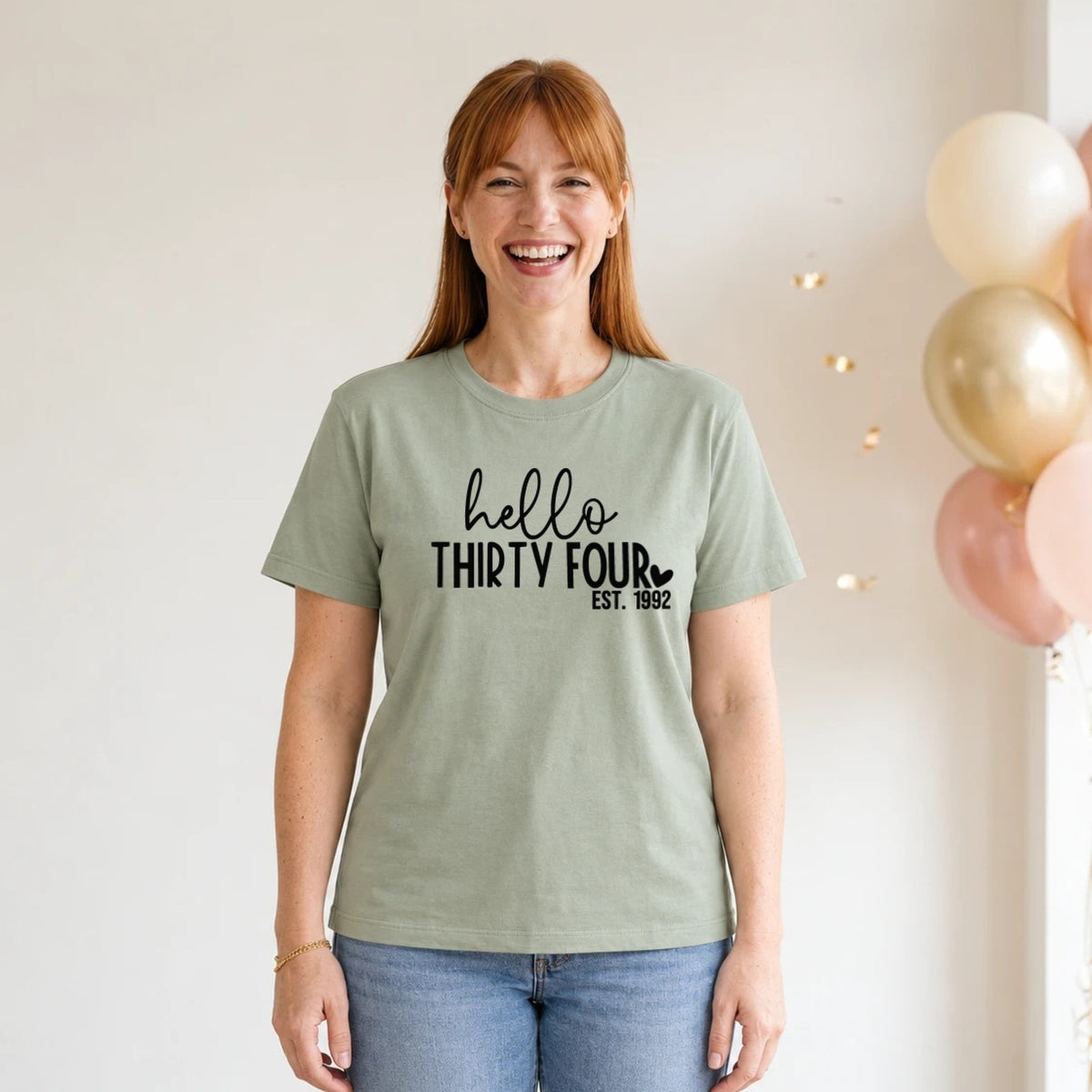 Hello Thirty-Four 34th Birthday T-Shirt for Women - Est. 1992 - Sage Green Round Neck