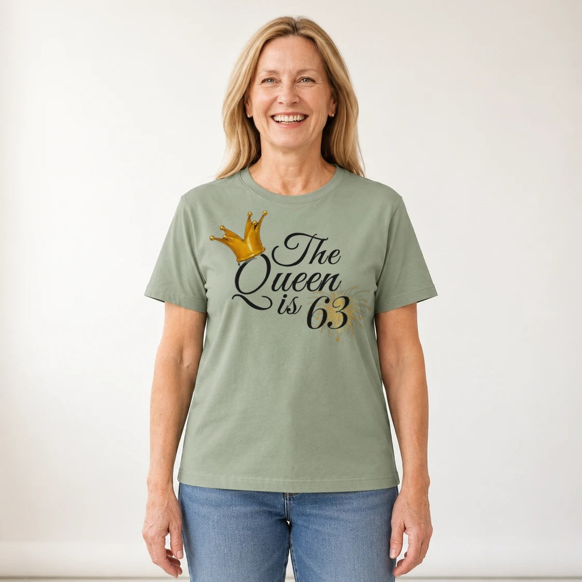 The Queen Is 63 - 63rd Birthday Queen T-Shirt for Women - Sage Green Round Neck