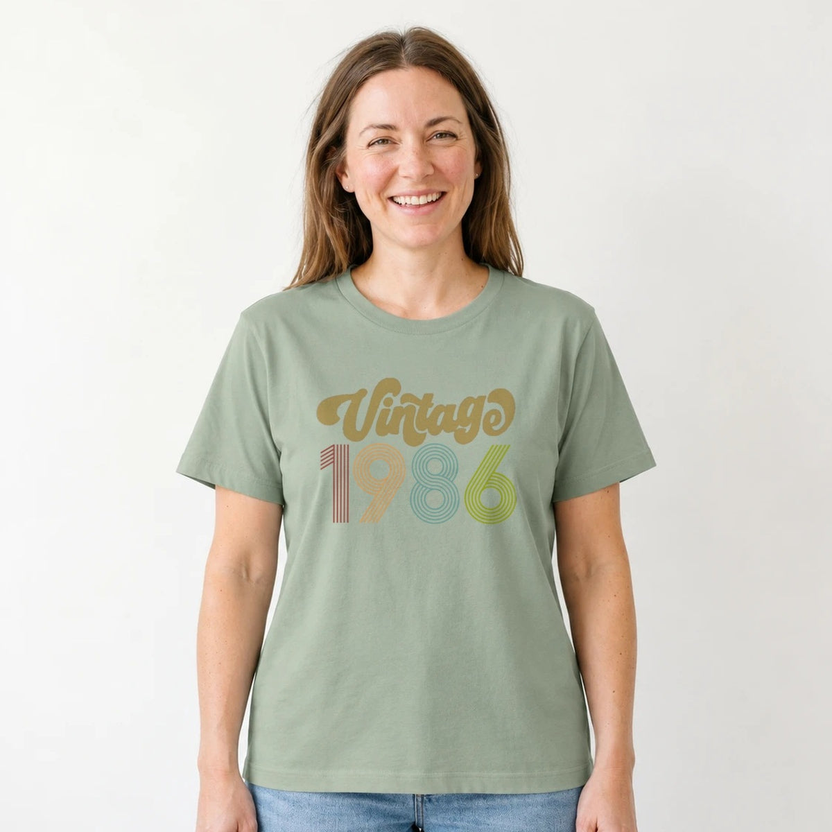 Vintage 1986 - Retro 40th Birthday T-Shirt for Women - Sage Green Round Neck