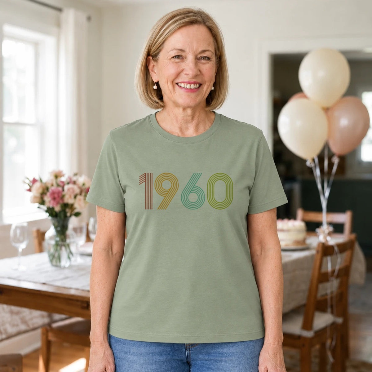 1960 Birth Year Shirt - Retro 66th Birthday T-Shirt for Women - Sage Green Round Neck