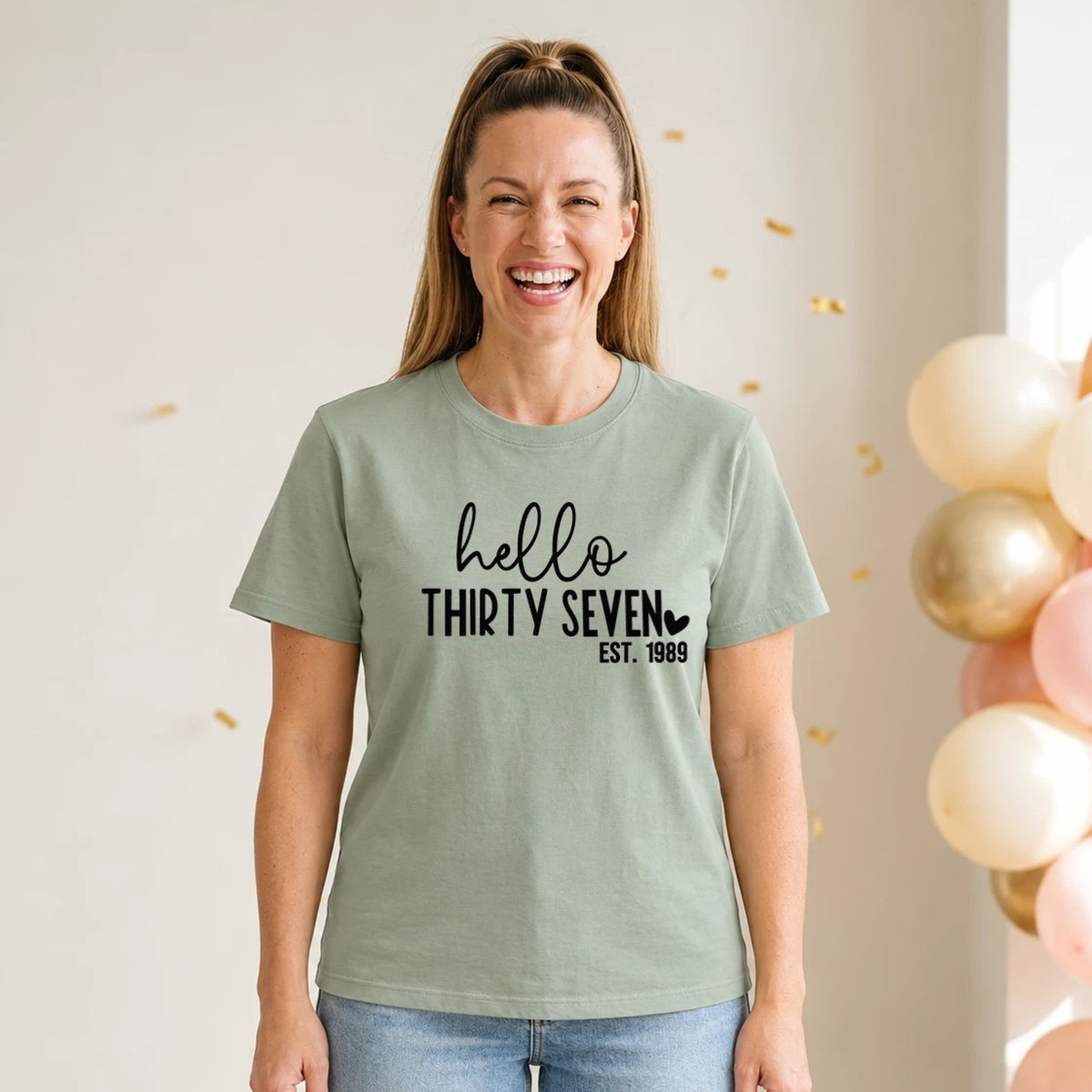 Hello Thirty-Seven 37th Birthday T-Shirt for Women - Est. 1989 - Sage Green Round Neck
