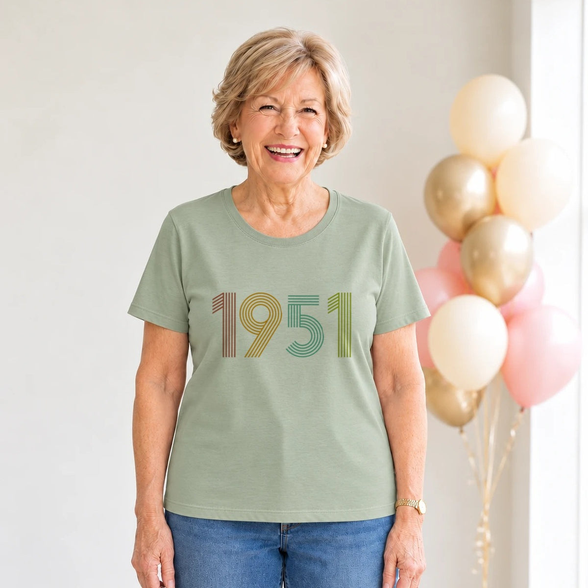 1951 Birth Year Shirt - Retro 75th Birthday T-Shirt for Women - Sage Green Round Neck