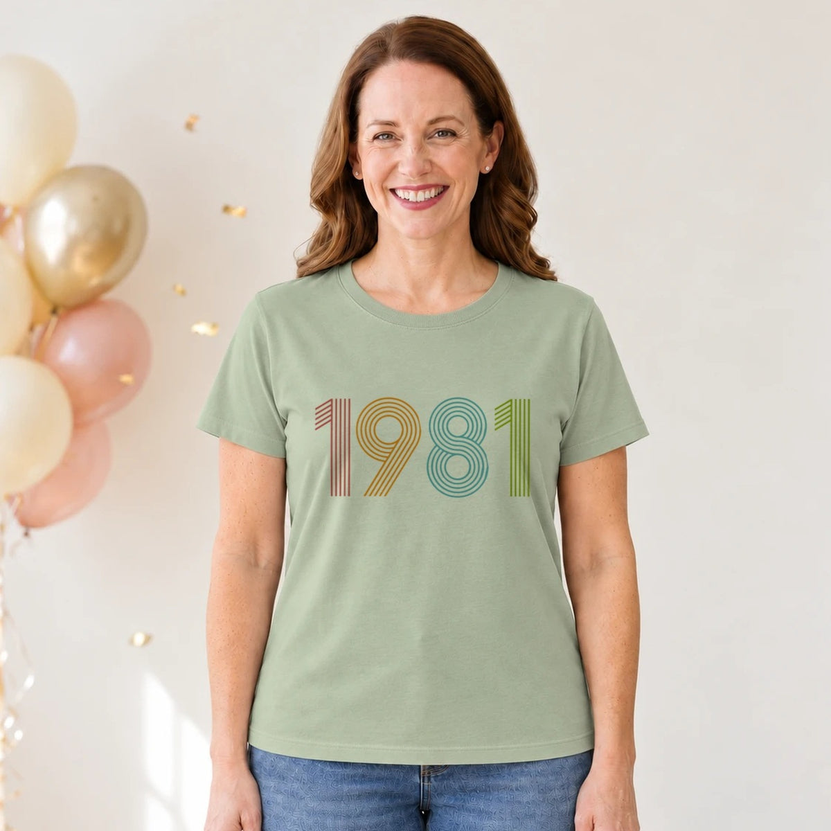 1981 Birth Year Shirt - Retro 45th Birthday T-Shirt for Women - Sage Green V-Neck