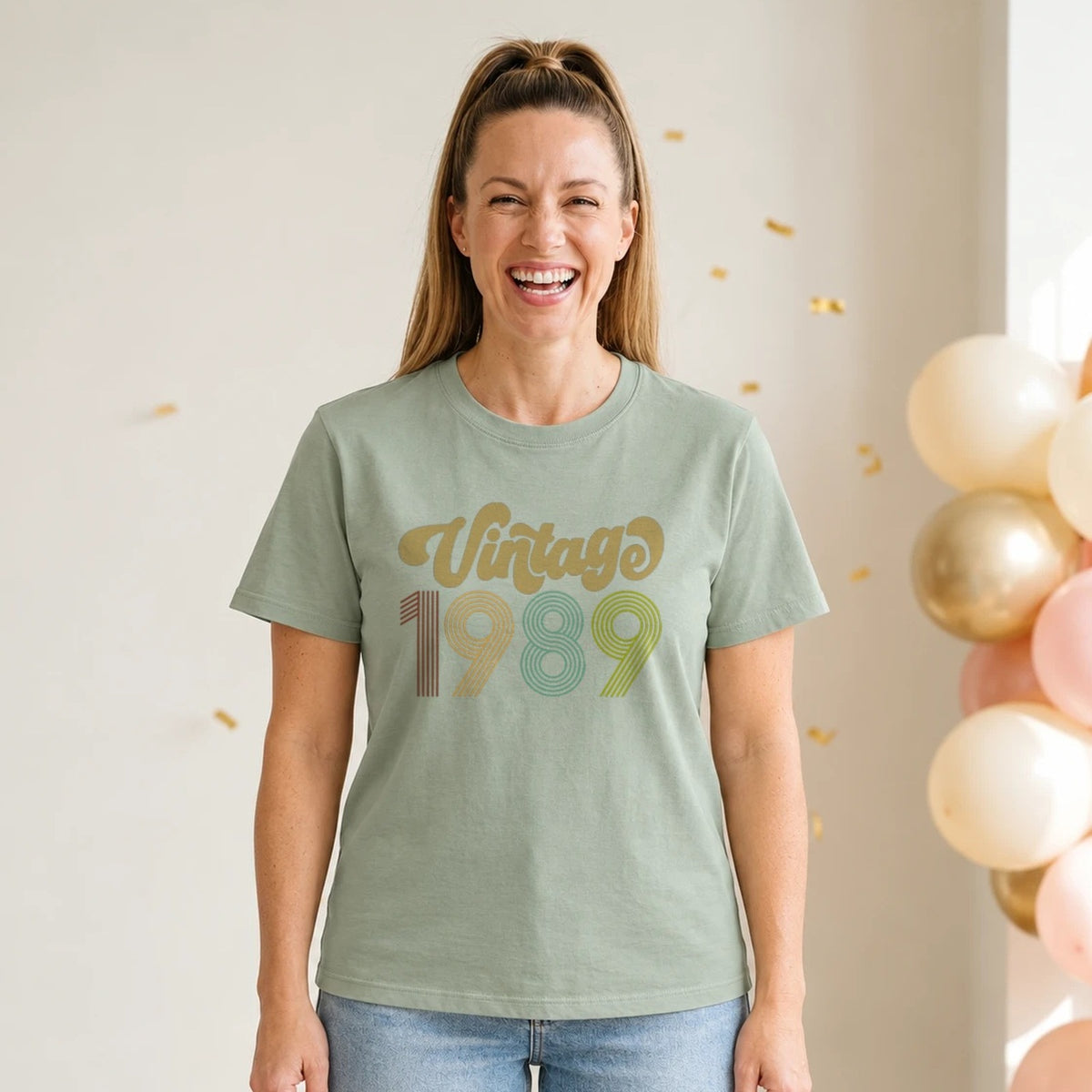 Vintage 1989 - Retro 37th Birthday T-Shirt for Women - Sage Green Round Neck