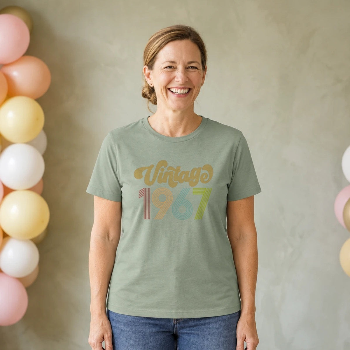 Vintage 1967 - Retro 59th Birthday T-Shirt for Women - Sage Green Round Neck