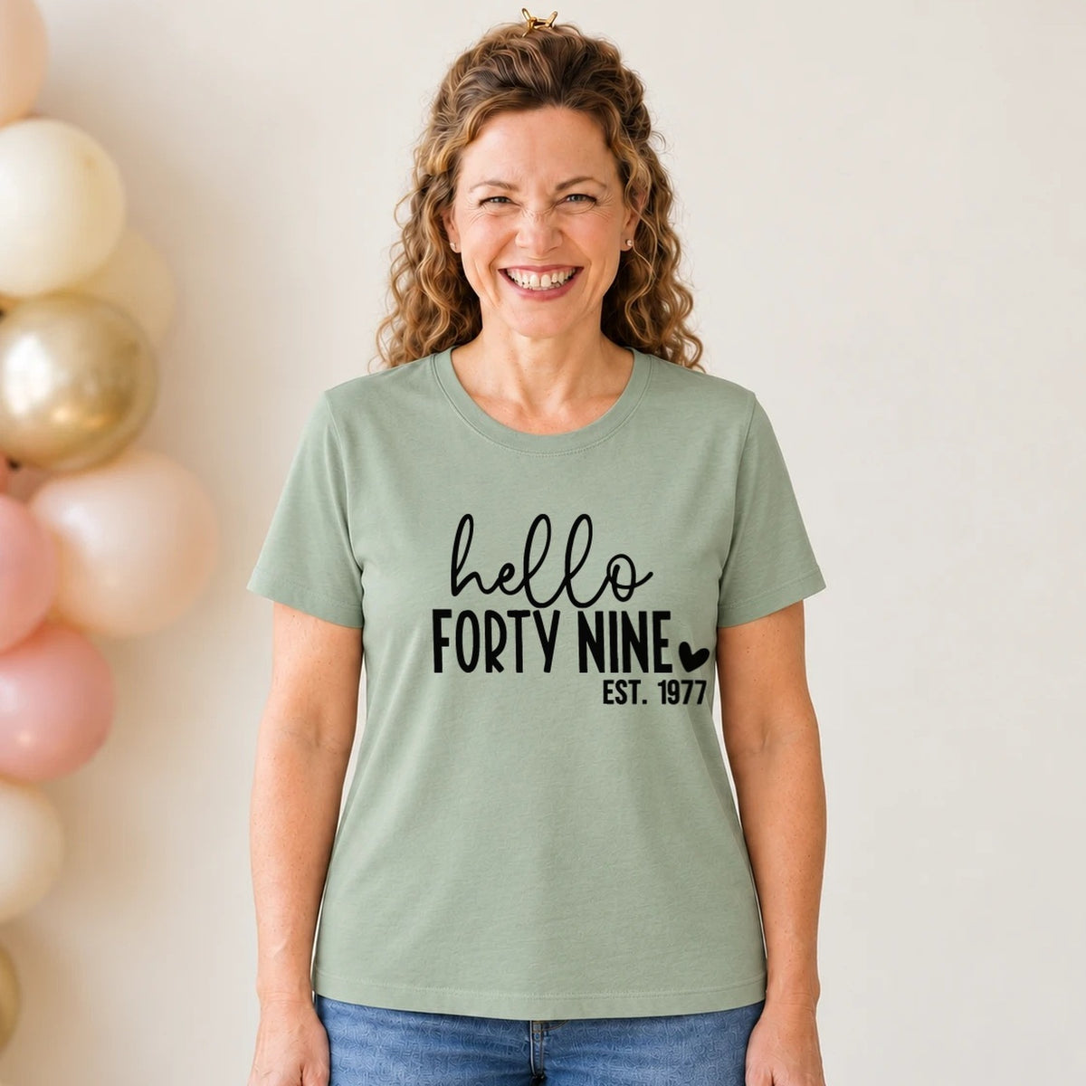 Hello Forty-Nine 49th Birthday T-Shirt for Women - Est. 1977 - Sage Green Round Neck