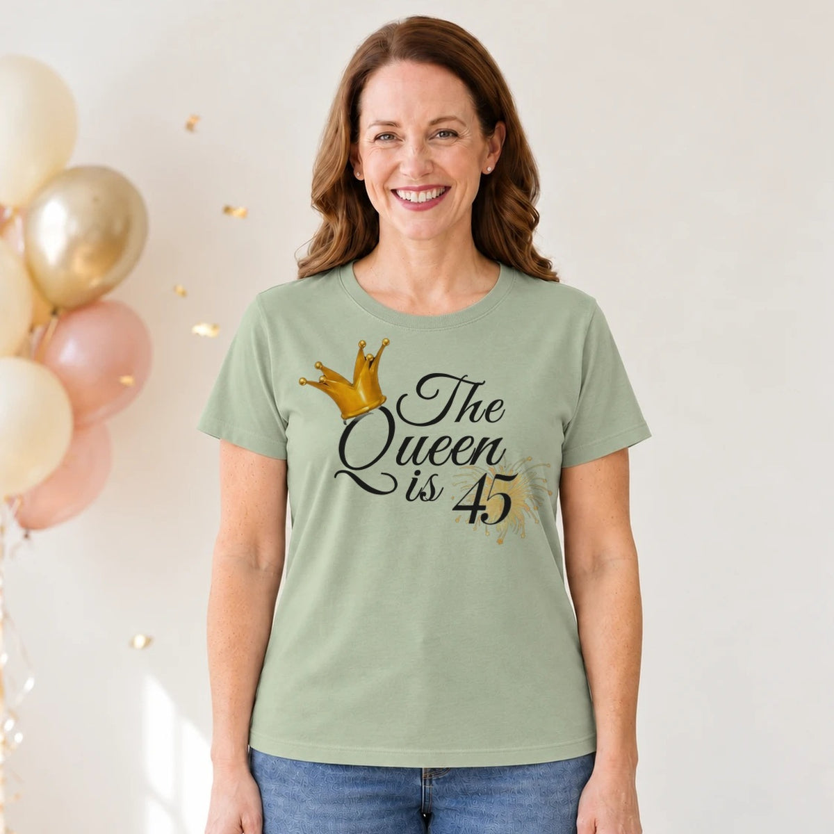 The Queen Is 45 - 45th Birthday Queen T-Shirt for Women - Sage Green Round Neck