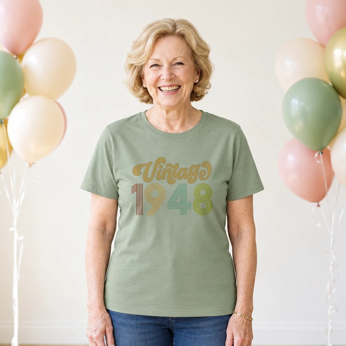 Vintage 1948 - Retro 78th Birthday T-Shirt for Women - Sage Green Round Neck