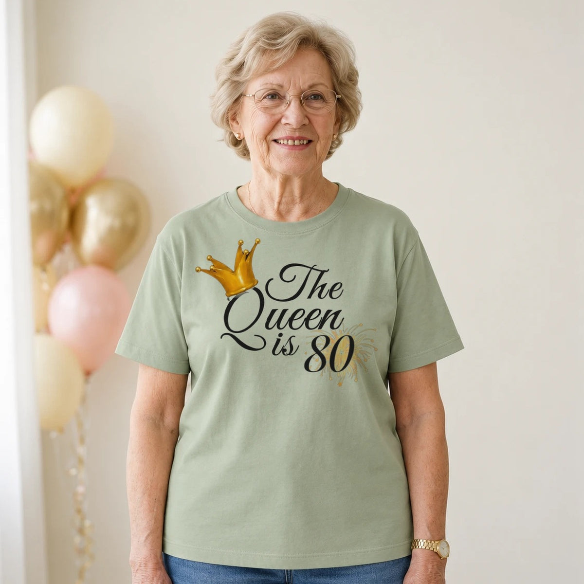 The Queen Is 80 - 80th Birthday Queen T-Shirt for Women - Sage Green Round Neck