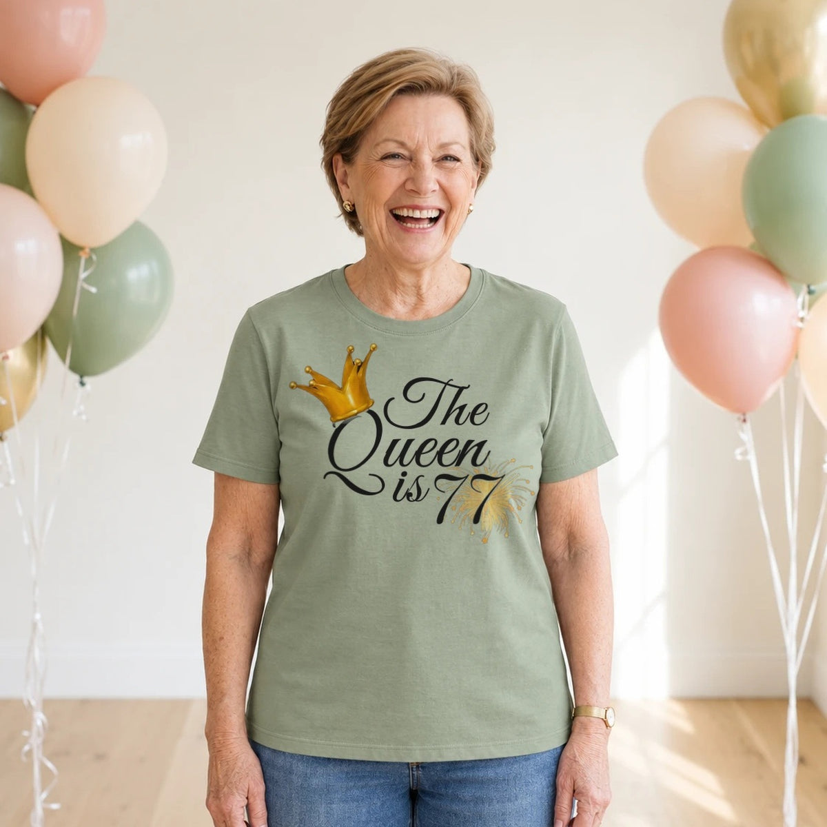 The Queen Is 77 - 77th Birthday Queen T-Shirt for Women - Sage Green Round Neck