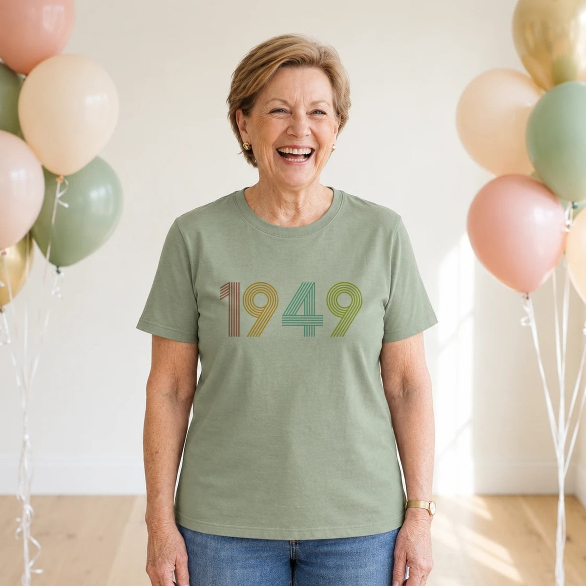1949 Birth Year Shirt - Retro 77th Birthday T-Shirt for Women - Sage Green Round Neck