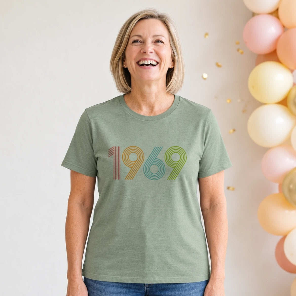 1969 Birth Year Shirt - Retro 57th Birthday T-Shirt for Women - Sage Green Round Neck