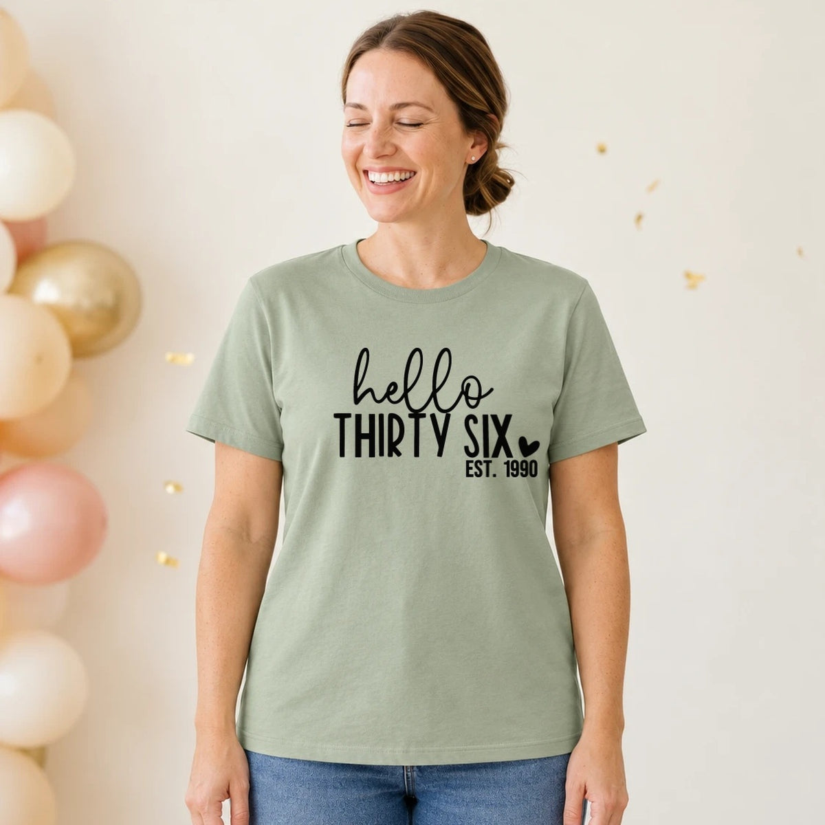 Hello Thirty-Six 36th Birthday T-Shirt for Women - Est. 1990 - Sage Green Round Neck